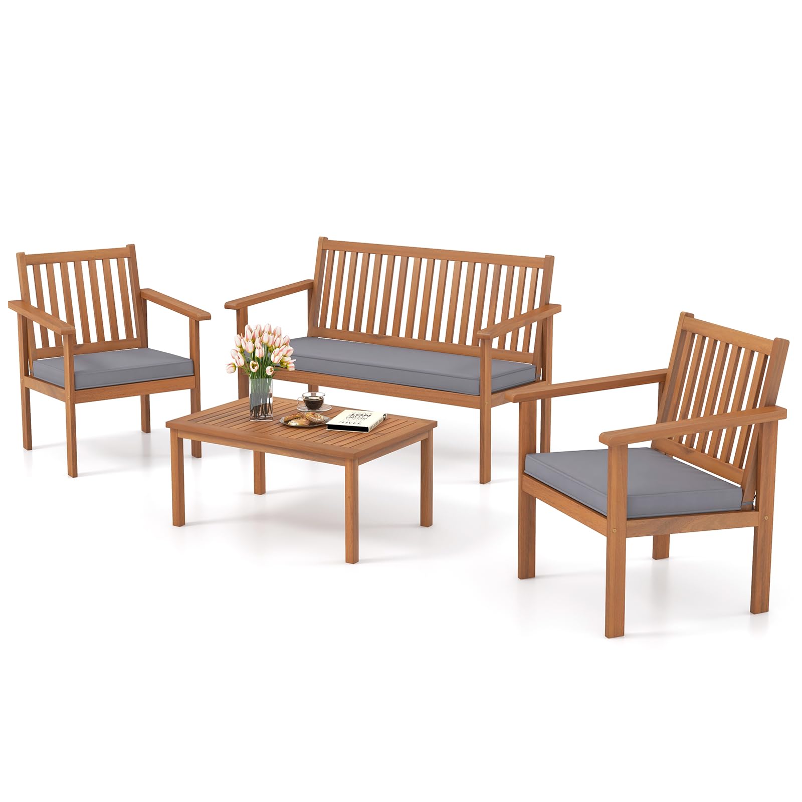 Ensemble de meubles de patio Tangkula 4 pièces en bois d'acacia, ensemble de canapés avec causeuse, 2 chaises et table basse